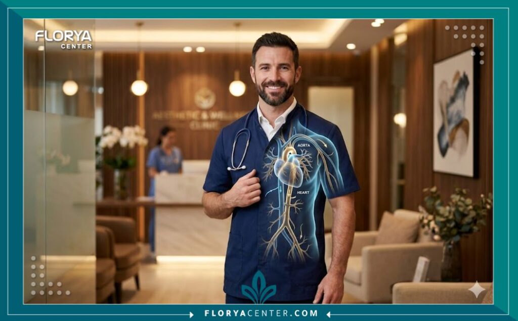 نموذج يوضح موقع الشريان الأبهر في الجسم مع تسليط الضوء على منطقة الجراحة.