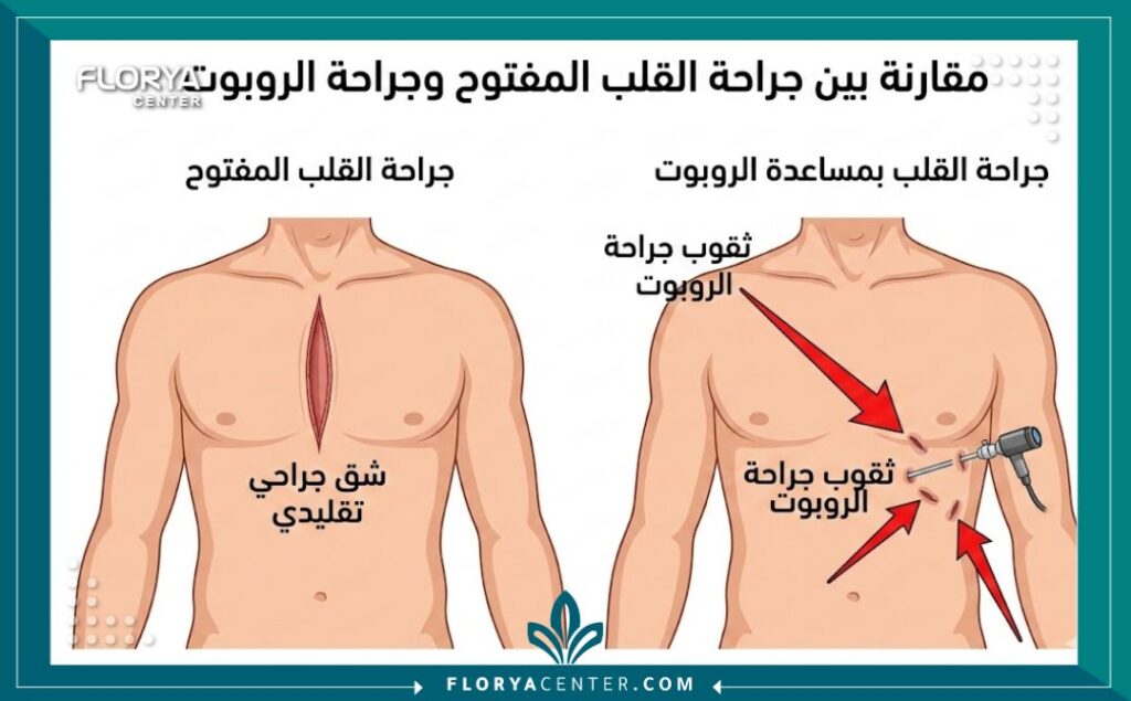 رسم توضيحي يقارن بين شقوق جراحة القلب المفتوحة و جراحة القلب بالروبوت طفيفة التوغل