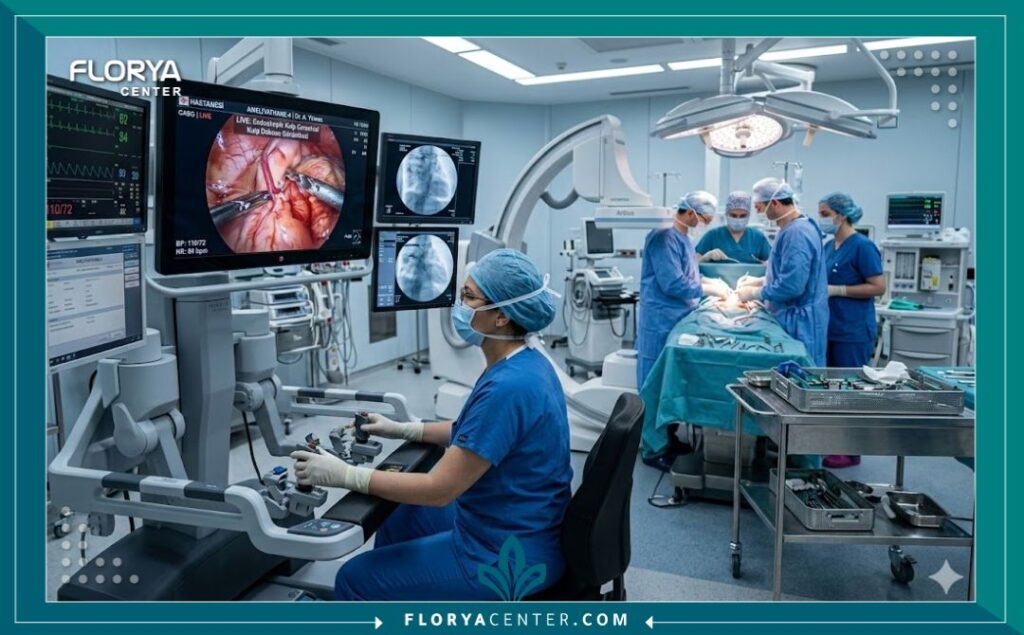 صورة واقعية داخل غرفة عمليات هجينة حديثة في مستشفى رائد في تركيا، مجهزة بالكامل لتقنيات جراحة القلب بالمنظار والروبوتية المتطورة.