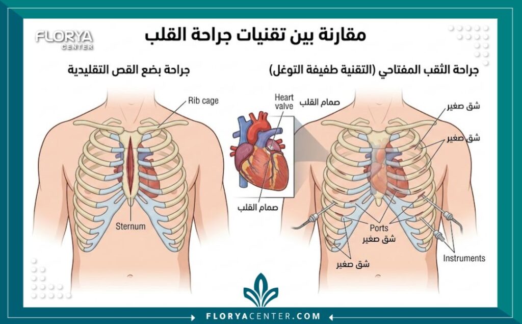 مخطط تشريحي يوضح الفرق بين الشقوق الصغيرة في جراحة القلب بالمنظار والجراحة المفتوحة.