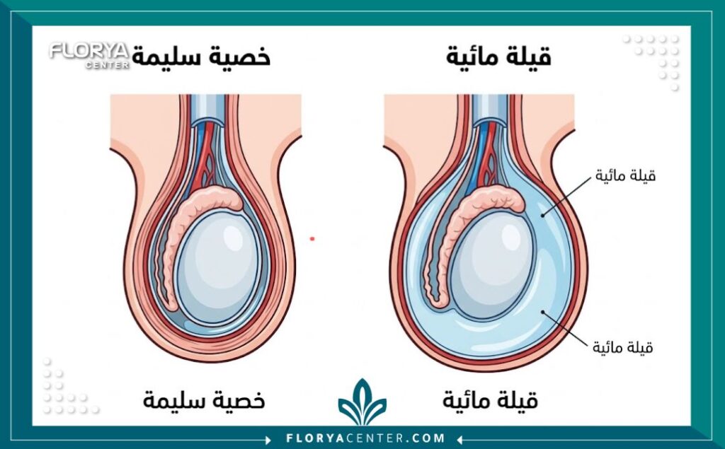 رسم توضيحي طبي يشرح الفرق بين الخصية السليمة والقيلة المائية وتراكم السوائل.