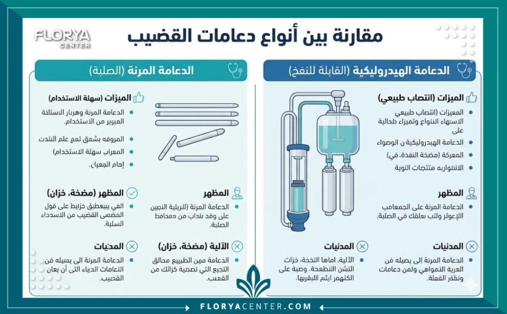 إنفوجرافيك مقارنة بين أنواع دعامات الانتصاب: الدعامة الهيدروليكية القابلة للنفخ والدعامة المرنة الصلبة باللغة العربية.