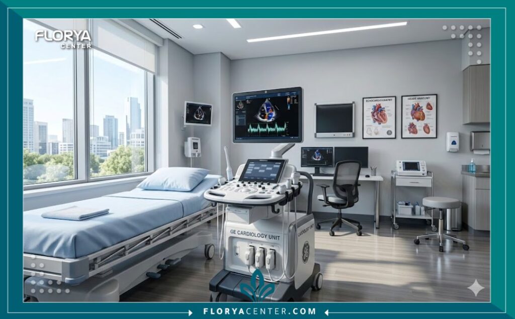 غرفة فحص القلب المجهزة بأحدث أجهزة السونار والإيكو في مستشفى تخصصي.