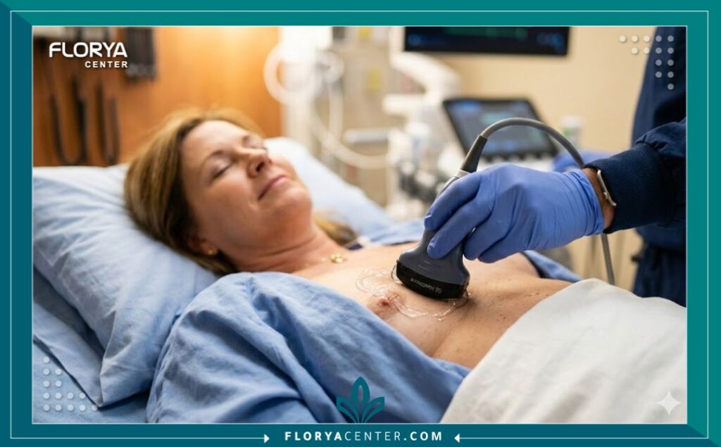 طبيب يجري فحص ايكو للقلب لمريض للتأكد من سلامة كفاءة عضلة القلب.