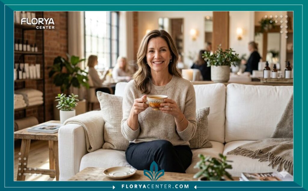 سيدة تشعر بالثقة والراحة بعد نجاح عملية حقن O-Shot في تركيا، ترمز للصحة والرفاهية.