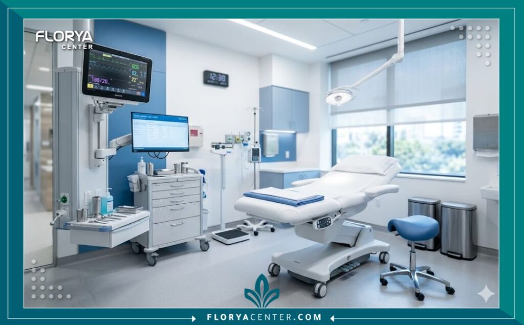 غرفة عمليات مجهزة بأحدث التقنيات الطبية لإجراء حقن البلازما للمنطقة الحساسة في بيئة معقمة.