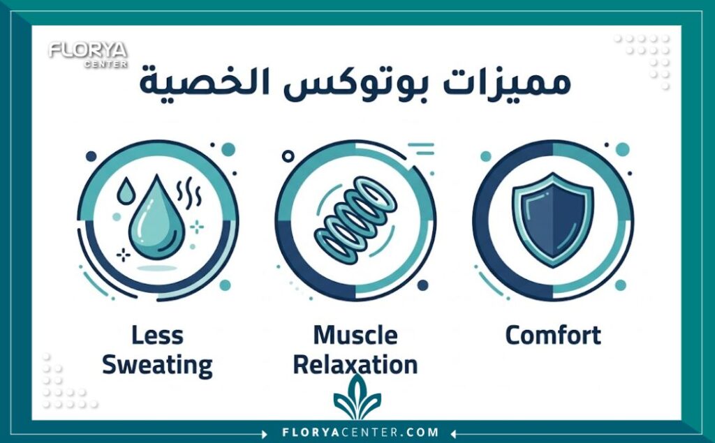 إنفوجرافيك يوضح فوائد عملية حقن البوتوكس للخصية (سكروتكس) للرجال.