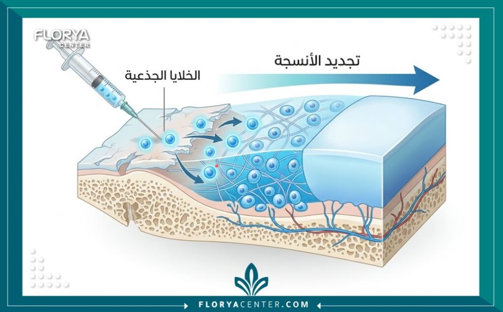 رسم تخطيطي طبي يوضح آلية عمل الخلايا الجذعية في تجديد الأنسجة الذكورية.