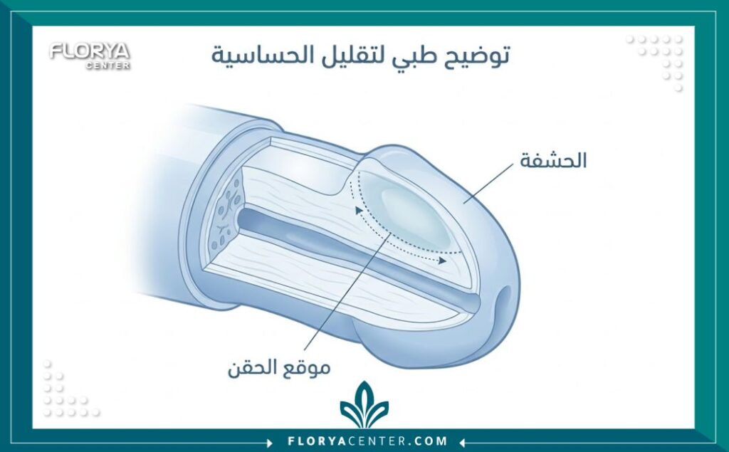 رسم توضيحي طبي يبيّن تشريح العضو الذكري ومناطق حقن الفيلر لتقليل الحساسية وعلاج سرعة القذف.