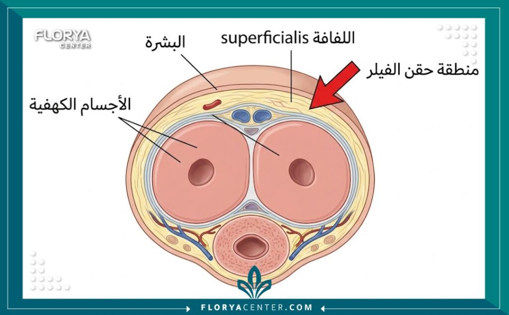 رسم تخطيطي طبي يوضح التشريح الطبقي ومكان حقن الفيلر لتكبير العضو الذكري بدقة.