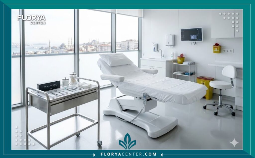 غرفة عمليات نظيفة ومعقمة في عيادة تجميل في إسطنبول مجهزة لإجراءات حقن فيلر الذكورة.