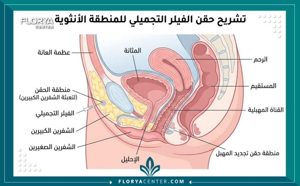 رسم تخطيطي طبي يوضح مناطق حقن الفيلر في المهبل لتحسين الشكل والوظيفة.