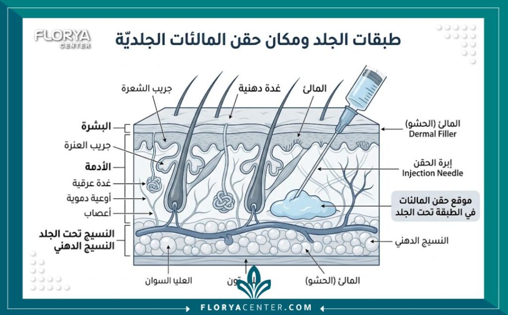 رسم توضيحي طبي يبين آلية حقن الماكرولين وطبقات الجلد المستهدفة في العملية.
