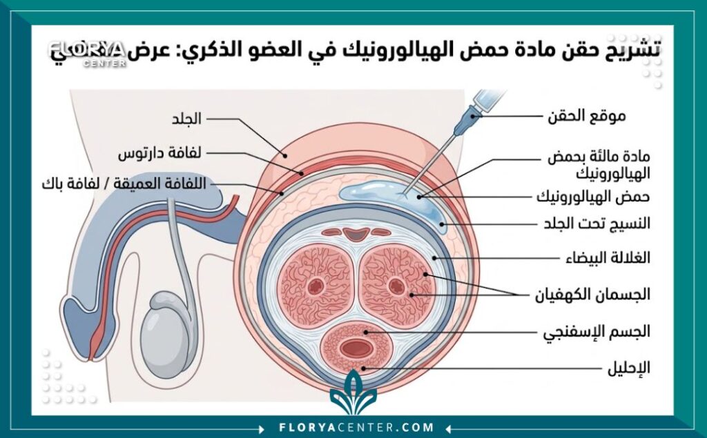 رسم تخطيطي طبي يوضح تشريح العضو الذكري ومناطق حقن الفيلر (حمض الهيالورونيك) لزيادة السمك في تركيا.