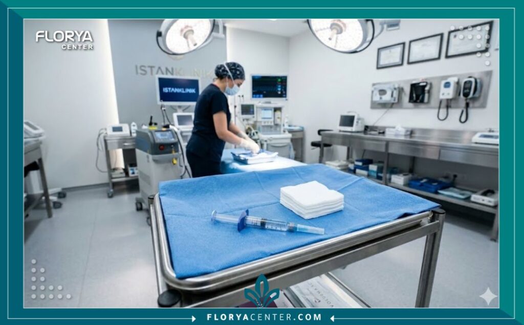 غرفة عمليات معقمة وحديثة في مستشفى تركي مجهز لإجراءات تجميل الرجال وحقن الفيلر.