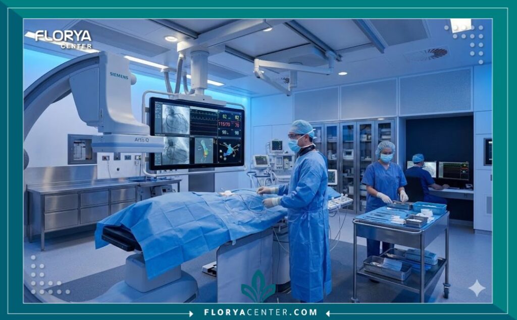 غرفة عمليات القسطرة المتطورة والمجهزة بأحدث التقنيات لعلاج انسداد الشرايين في المستشفى.