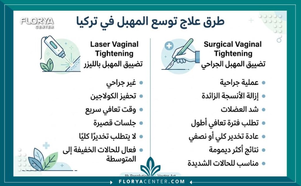 إنفوجرافيك يقارن بين تقنيات الليزر والجراحة لعلاج حل مشكلة توسع المهبل في تركيا.