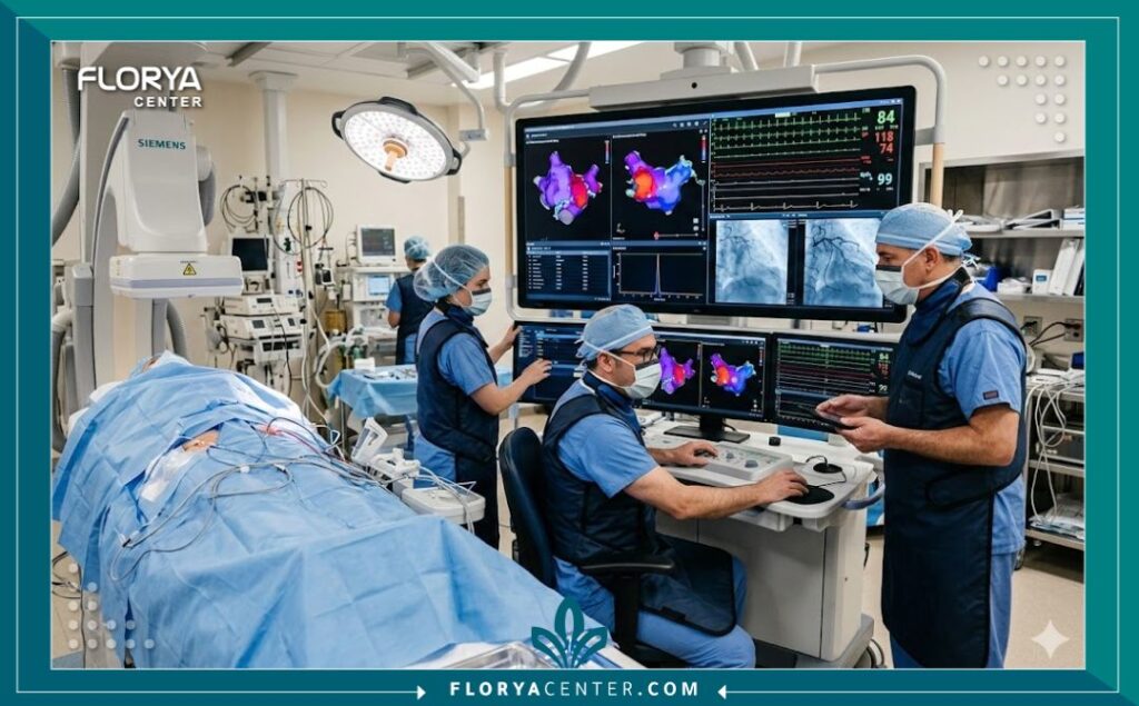 مشهد واقعي داخل غرفة عمليات قسطرة القلب تظهر طاقماً طبياً يقوم بإجراء دراسة كهروفيزيولوجية للقلب باستخدام شاشات مراقبة متطورة.