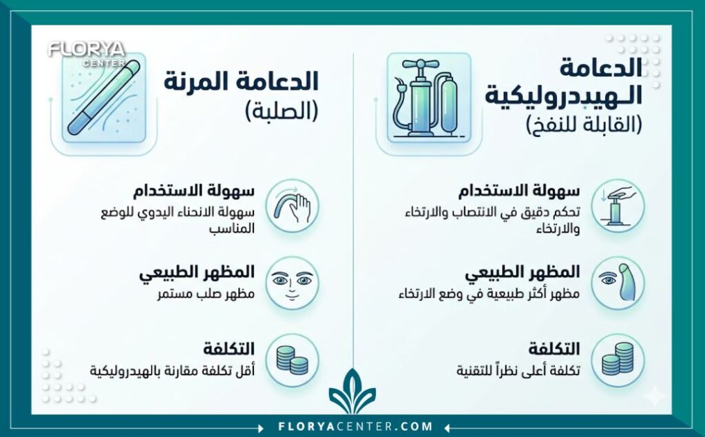 انفوجرافيك طبي يقارن بين مميزات وعيوب دعامات الانتصاب في تركيا المرنة ودعامة الانتصاب الهيدروليكية في تركيا.