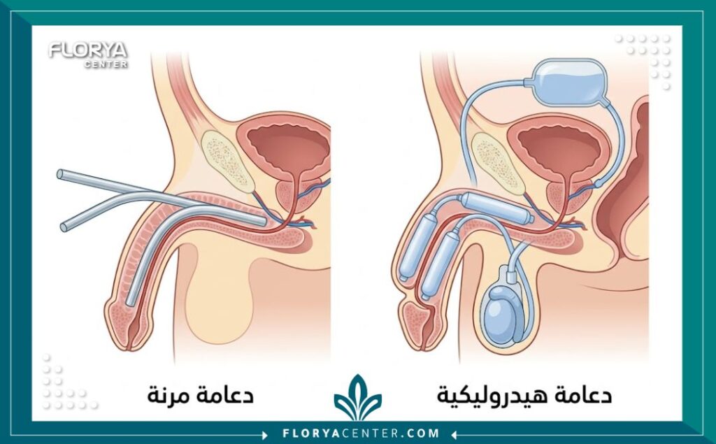 رسم توضيحي طبي يوضح الفرق بين الدعامة المرنة والدعامة الهيدروليكية للعضو الذكري.
