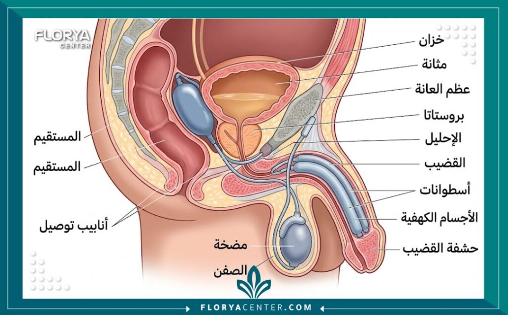 مخطط تشريحي يوضح أماكن تركيب أجزاء دعامة الانتصاب الهيدروليكية داخل الجسم.