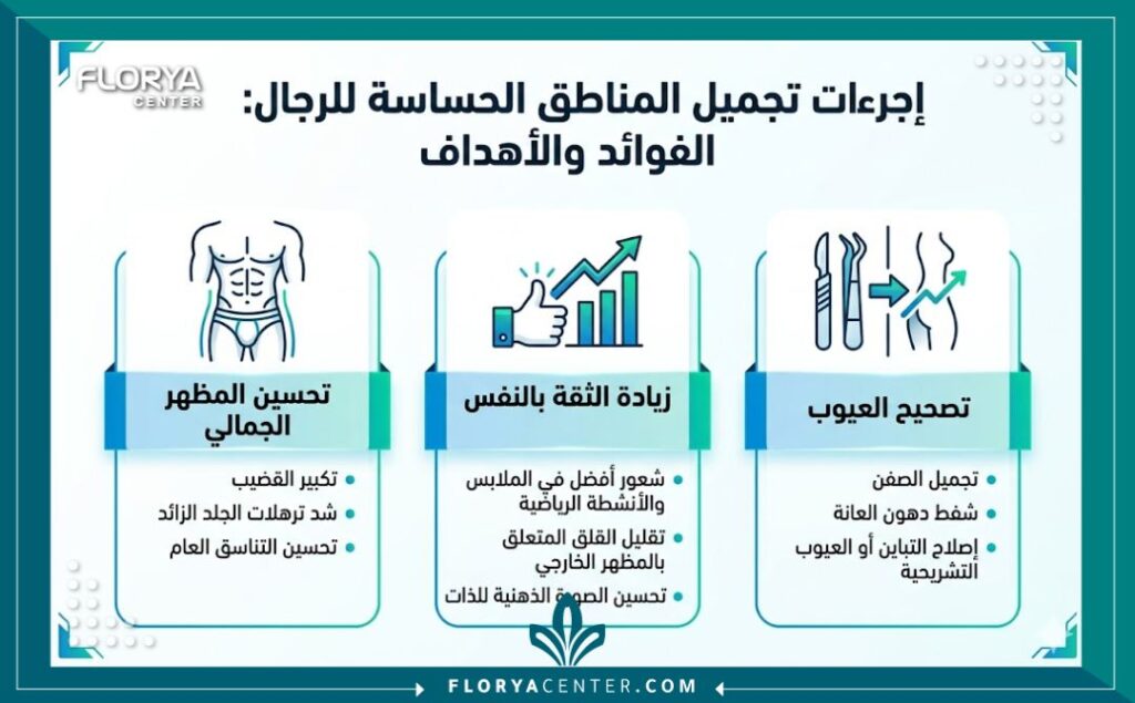 إنفوجرافيك يوضح أنواع عمليات تجميل المناطق الحساسة للرجال المختلفة، بما في ذلك التكبير، التعريض، وشد كيس الصفن في عيادات التجميل.