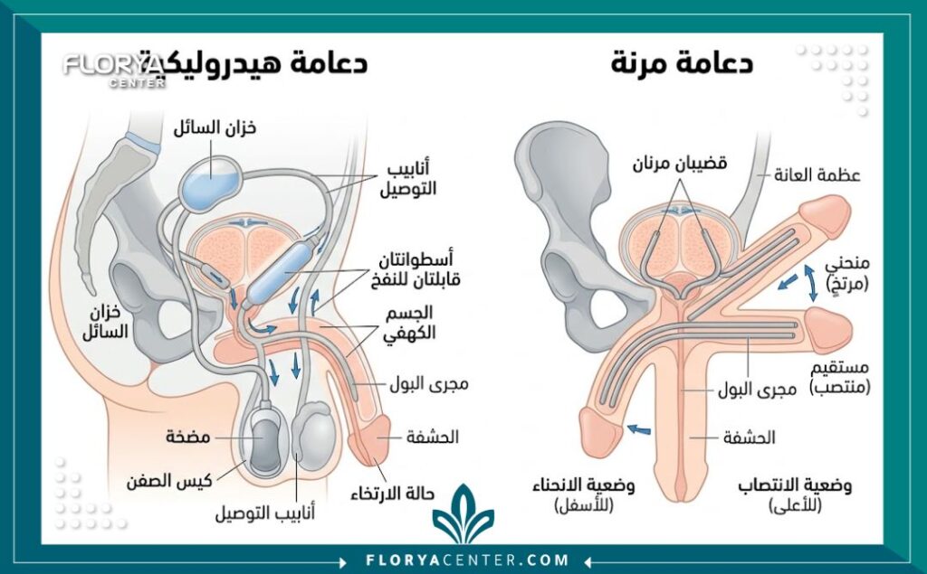 رسم توضيحي طبي يوضح الفرق بين أنواع دعامات الانتصاب الهيدروليكية والمرنة.