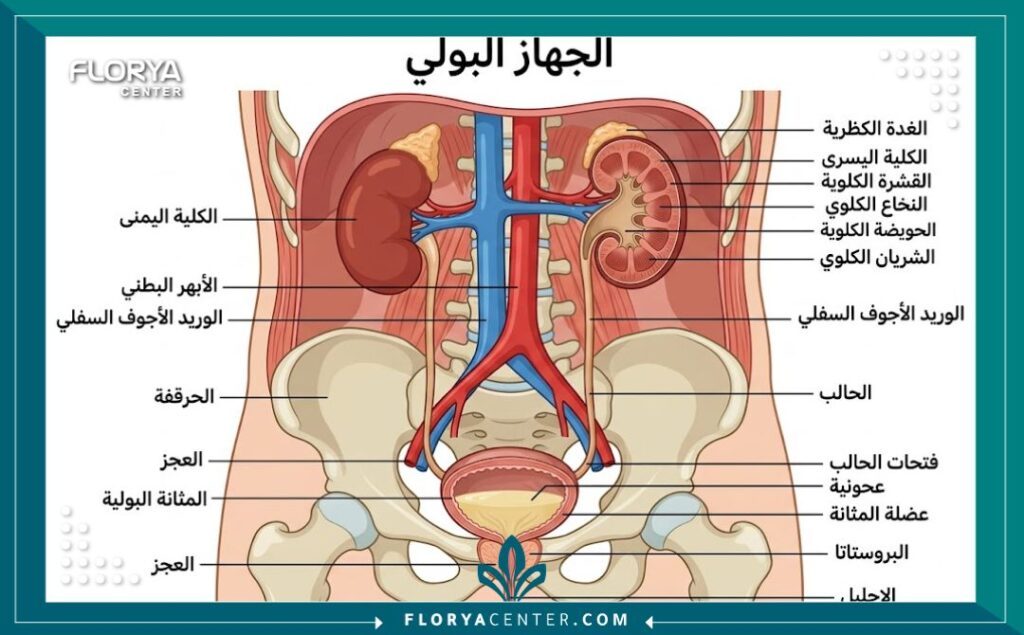 رسم توضيحي تشريحي للجهاز البولي والكلى مع تسميات باللغة العربية لشرح أمراض المسالك.