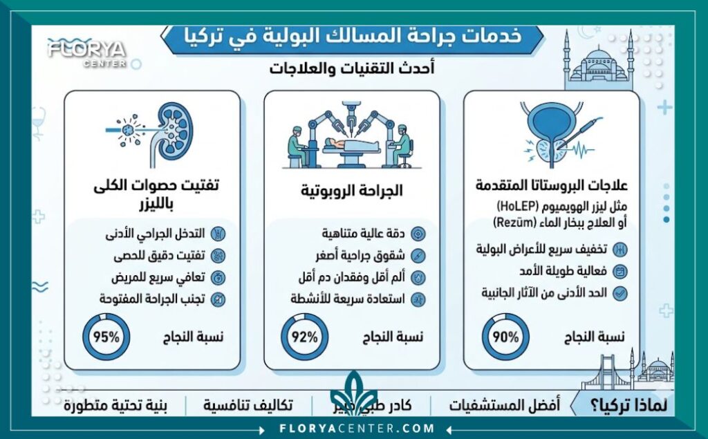 إنفوجرافيك يوضح تقنيات علاج حصوات الكلى وجراحة المسالك البولية بالروبوت في تركيا.