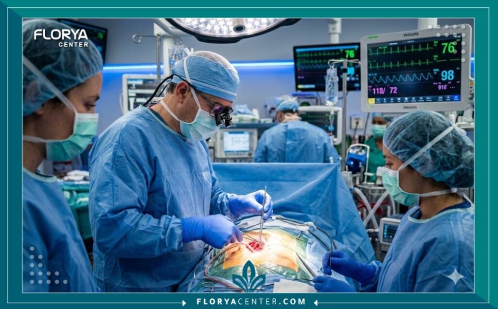 طاقم طبي جراحي محترف يجري عملية قلب مفتوح داخل غرفة عمليات معقمة ومجهزة بأحدث التقنيات في مستشفى تركي.