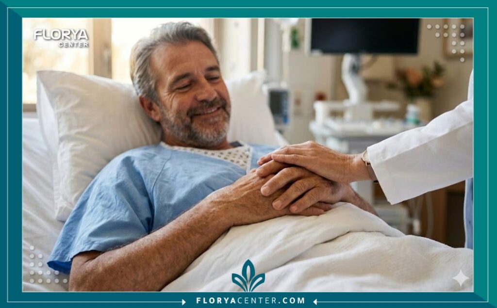 لقطة فنية تركز على مرحلة التعافي بعد جراحة القلب، طبيب يطمئن المريض بلمسة حانية توحي بالشفاء.