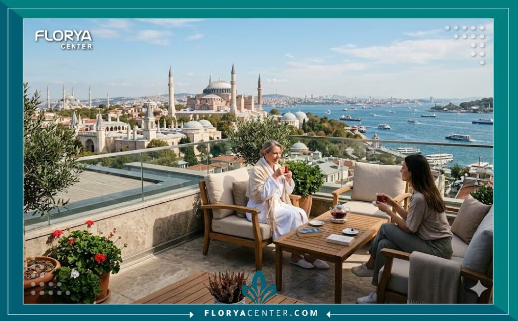 مريض في فترة النقاهة بعد عملية القلب يستمتع بمنظر آيا صوفيا ومضيق البوسفور في اسطنبول، يجمع بين العلاج والسياحة.