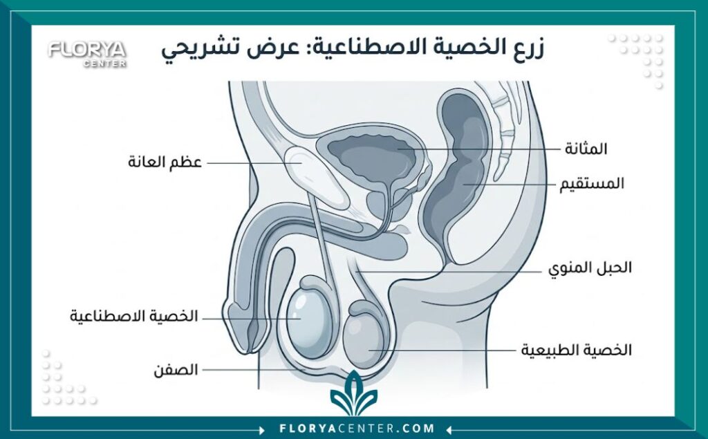زراعة الخصية التجميلية في تركيا 2 رسم تخطيطي طبي يوضح كيفية زراعة الخصية الاصطناعية داخل كيس الصفن.