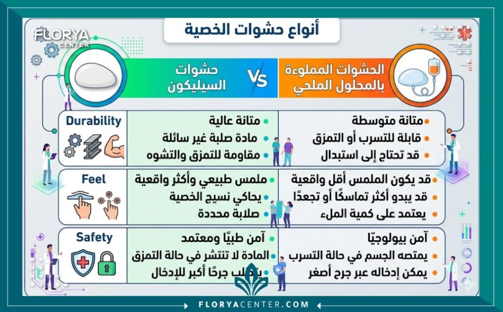 زراعة الخصية التجميلية في تركيا 3 انفوجرافيك يقارن بين أنواع حشوات زراعة الخصية التجميلية في تركيا التجميلية: السيليكون مقابل المحلول الملحي.