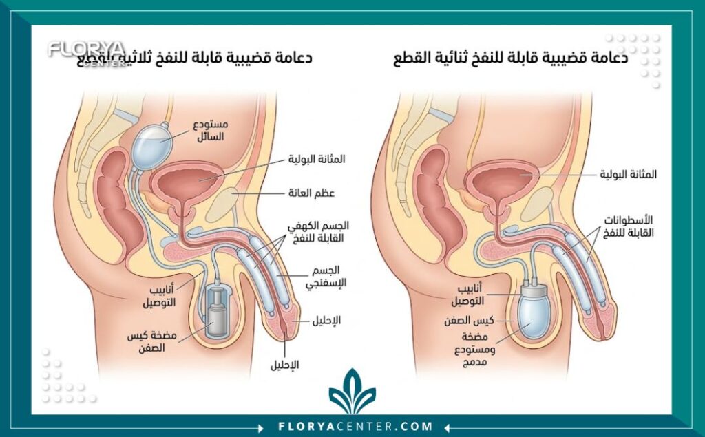 زراعة دعامة القضيب في تركيا 2 مخطط توضيحي طبي يبين التشريح الداخلي لأنواع دعامات القضيب، بما في ذلك الدعامة الهيدروليكية ثلاثية القطع والدعامة ذات القطعتين، مع تسميات دقيقة باللغة العربية.