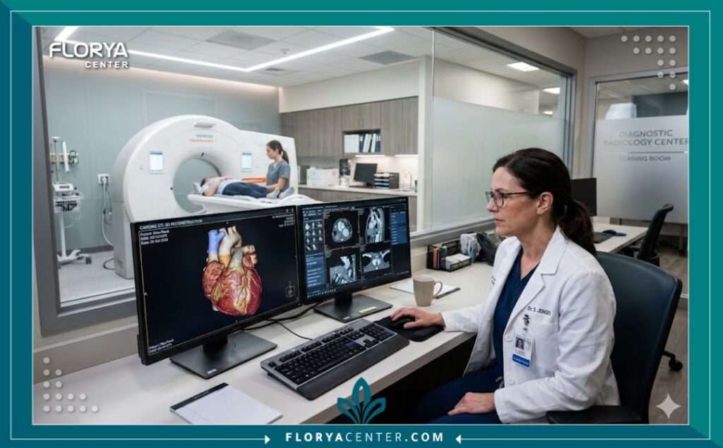 طبيب أشعة متخصص يقوم بتحليل نتائج الأشعة المقطعية للقلب داخل مركز تشخيصي متطور.