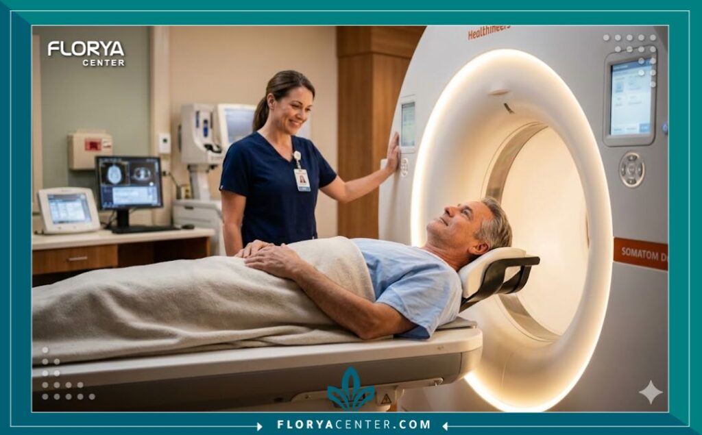 مريض يخضع لفحص الأشعة المقطعية للقلب لتشخيص الشرايين التاجية بأمان.