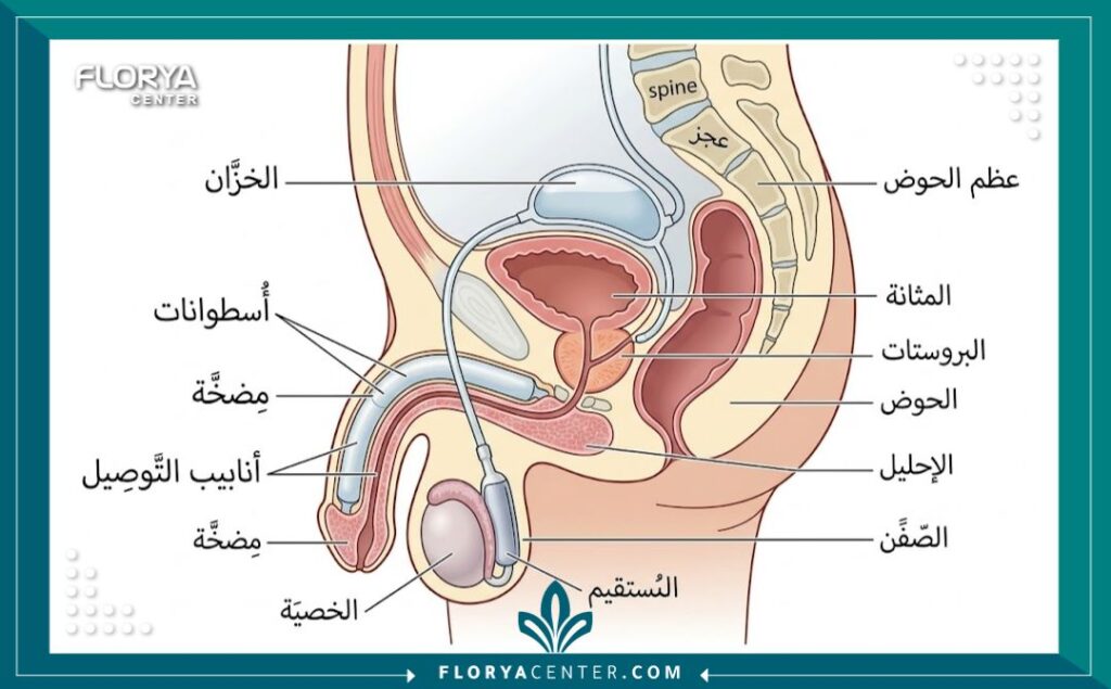 رسم توضيحي يوضح مكونات وطريقة عمل الدعامة البالونية الهيدروليكية.