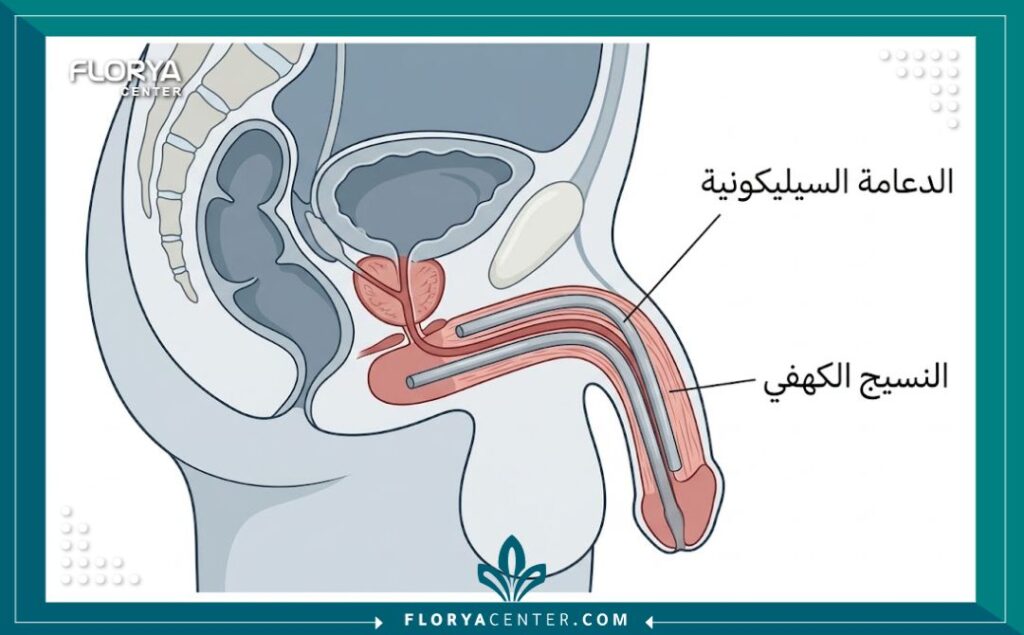 مخطط توضيحي لتركيب الدعامة السيليكونية داخل الجسم الكهفي.
