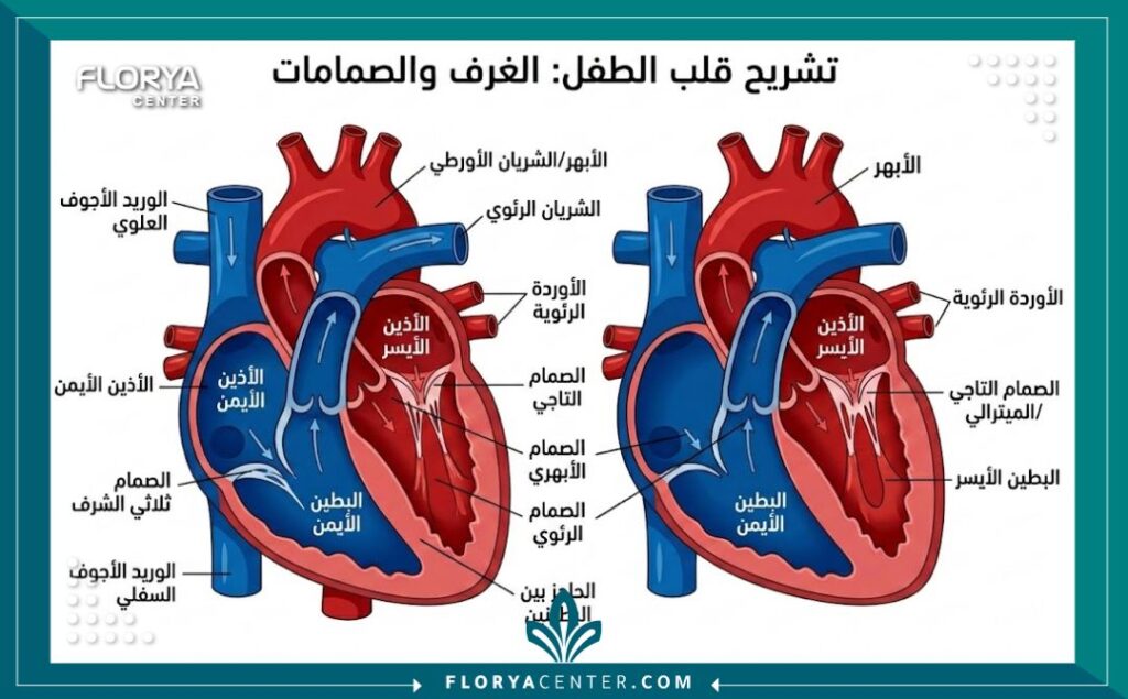 مخطط تشريحي لقلب الطفل يوضح الأجزاء التي يتم فحصها خلال أشعة الإيكو.