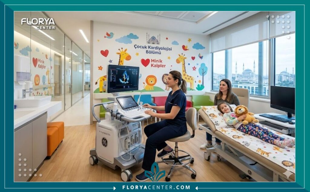 غرفة فحص ايكو القلب للأطفال في مستشفى تخصصي حديث ومجهز بأحدث التقنيات.