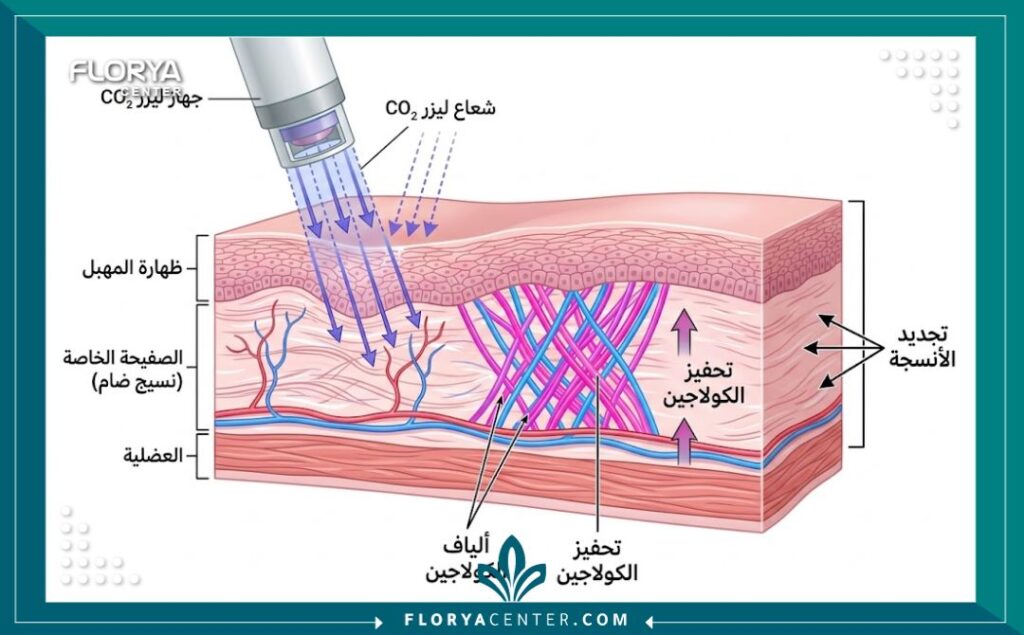 رسم توضيحي طبي يشرح آلية عمل الليزر المهبلي في تحفيز الكولاجين وتجديد الأنسجة.