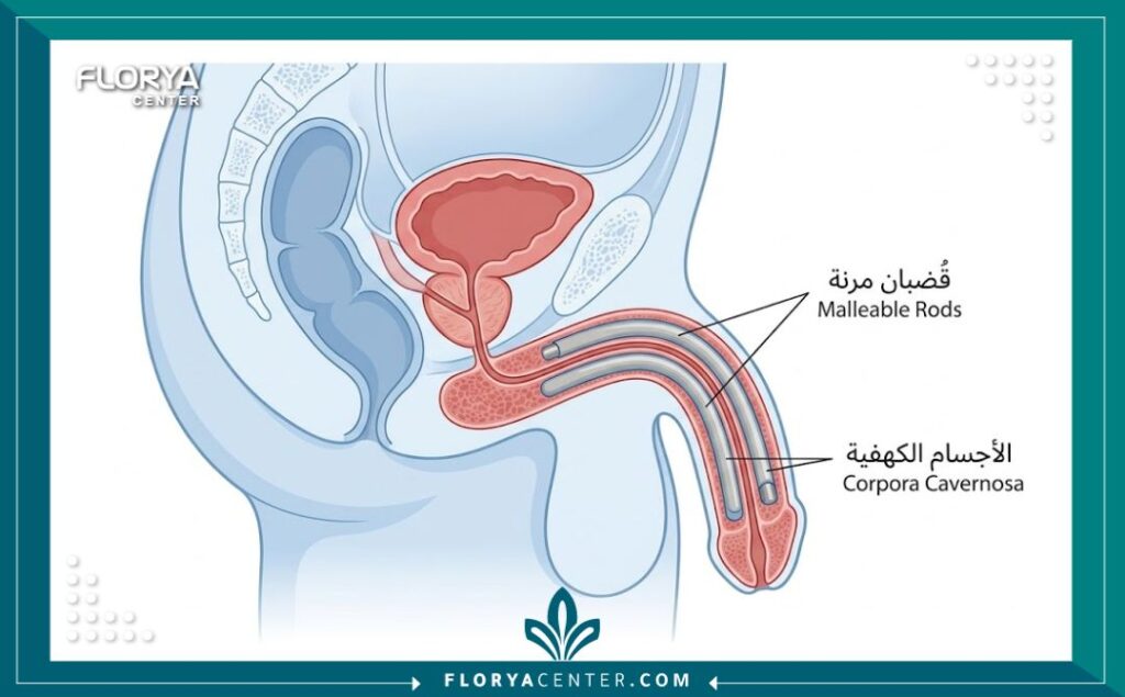 رسم تخطيطي يوضح كيفية تركيب دعامة الانتصاب التيتانيوم داخل النسيج الكهفي.