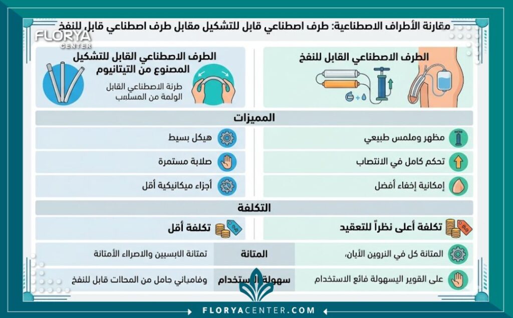 انفوجرافيك يقارن بين مميزات وسعر دعامة الانتصاب التيتانيوم والدعامة الهيدروليكية.