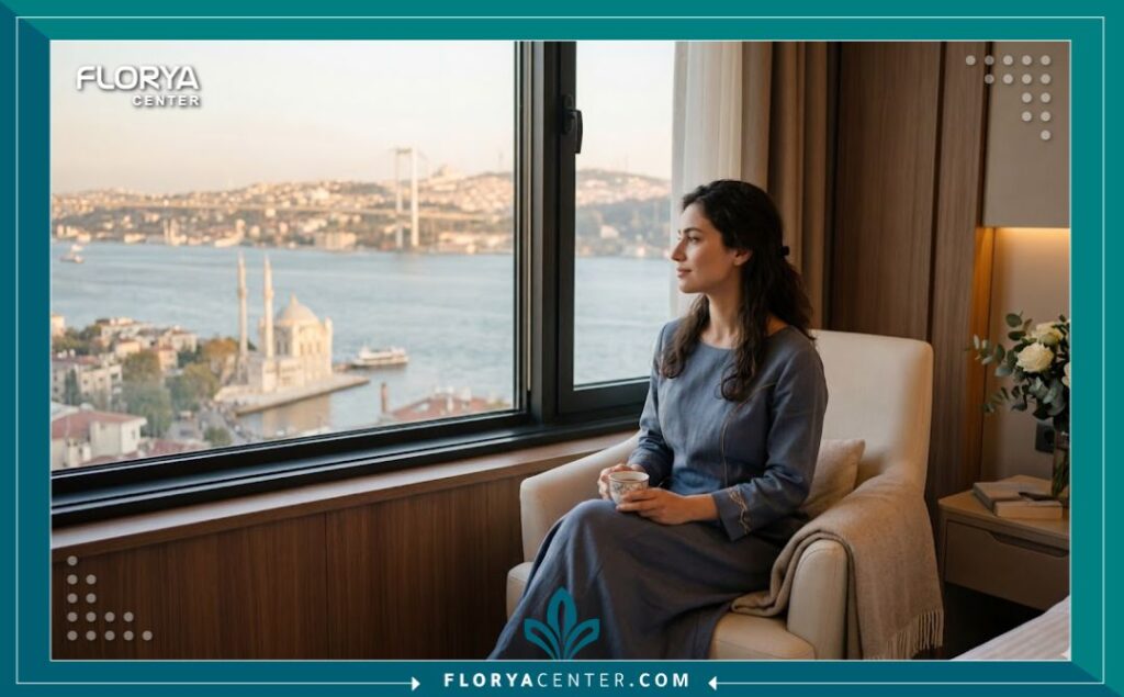 مريضة تقضي فترة الاستراحة بعد عملية الترقيع في جناح فندقي فاخر بتركيا.