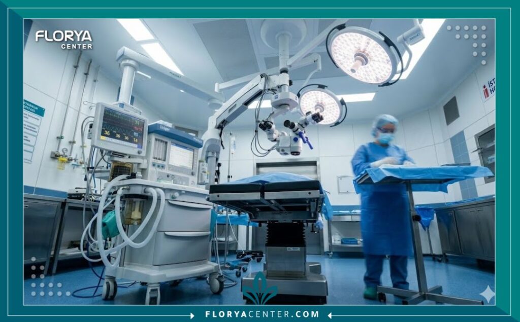غرفة عمليات حديثة ومعقمة ومجهزة بأحدث التقنيات الطبية لإجراء جراحات الذكورة في مستشفى رائد في تركيا.