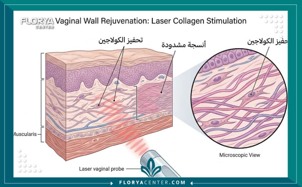 رسم توضيحي طبي يظهر آلية عمل الليزر في تحفيز الكولاجين لشد جدران المهبل.