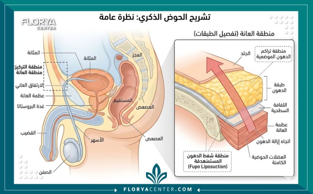 رسم تخطيطي طبي يوضح تشريح منطقة العانة الذكرية وتراكم الدهون المستهدفة لعملية الشفط.