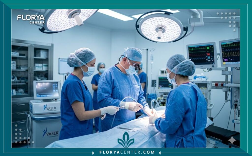 لقطة واقعية لغرفة عمليات حديثة ومعقمة في إسطنبول، تظهر جراح تجميل يستخدم جهاز الفيزر لنحت العانة للرجال.