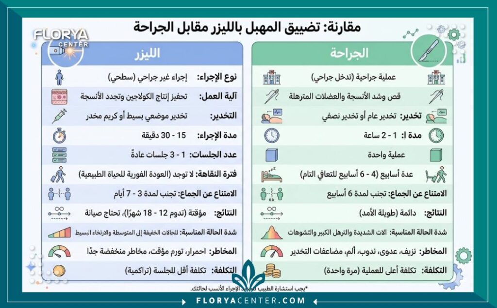 إنفوجرافيك يقارن بين تقنيات تضييق المهبل بالليزر والتدخل الجراحي في تركيا.